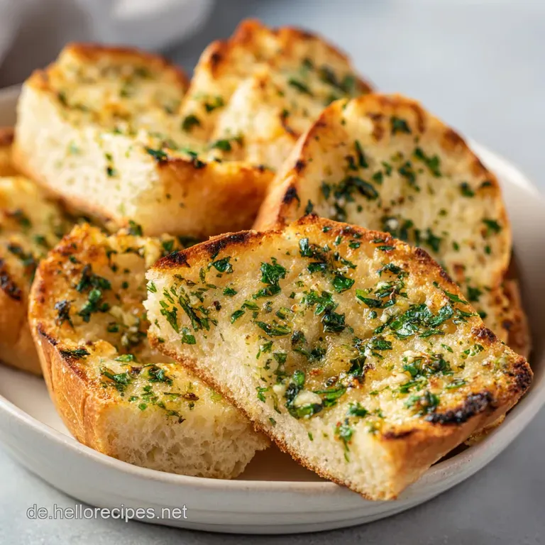 Slices of golden keto garlic bread arranged on a rustic wooden board, topped with glistening melted butter and fresh parsley.