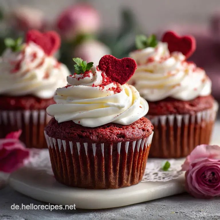 Elegant red velvet heart cupcake on a white plate. Creamy frosting swirl, dusting of cocoa, creating an enticing dessert.