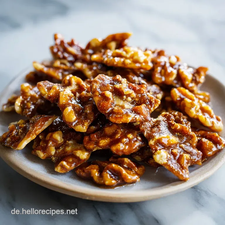 Artfully arranged keto toffee walnuts on a white plate, hints of coarse sea salt, and a glimmering caramelized sheen.