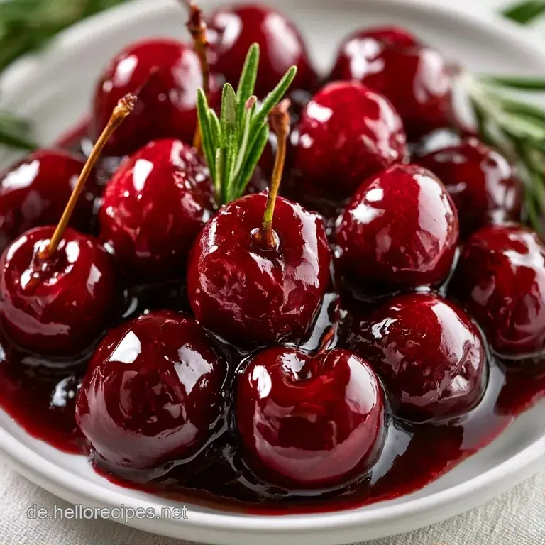Elegante Anrichtung einer s&auml;migen, rubinroten Fruchtsauce mit gl&auml;nzenden Kirschen auf einem wei&szlig;en Porzellanteller.