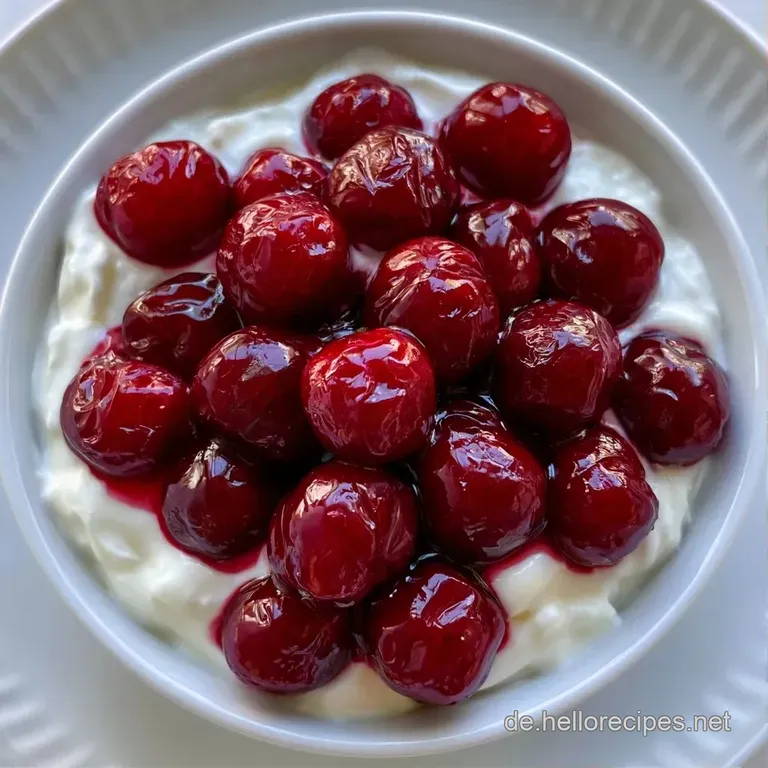 Vier elegante Gl&auml;ser mit geschichtetem wei&szlig;em Joghurt und roten Kirschfr&uuml;chten auf einem schlichten, wei&szlig;en Tablett.