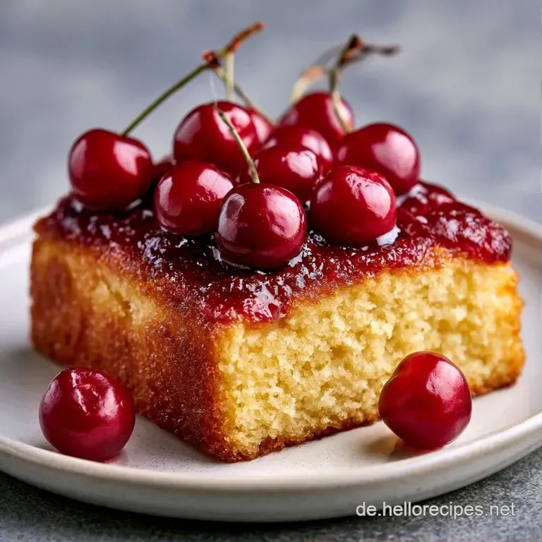 Ein saftiges St&uuml;ck Kirschkuchen mit goldgelben Streuseln auf einem wei&szlig;en Teller, leicht best&auml;ubt mit Puderzucker.