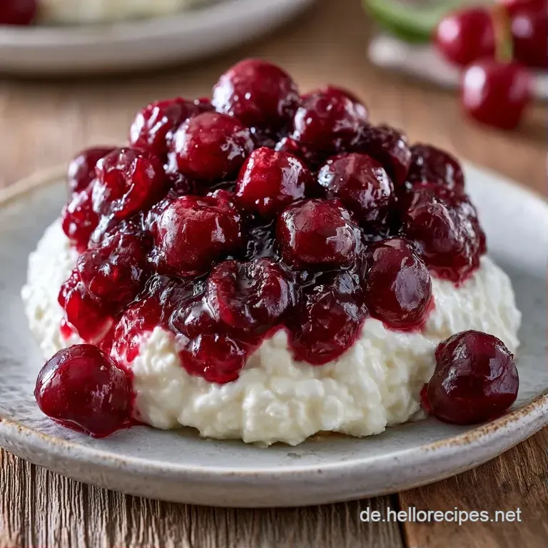 Drei gl&auml;serne Dessertschalen mit geschichtetem wei&szlig;em Creme und tiefroten Kirschen auf einem hellen Leinentisch.