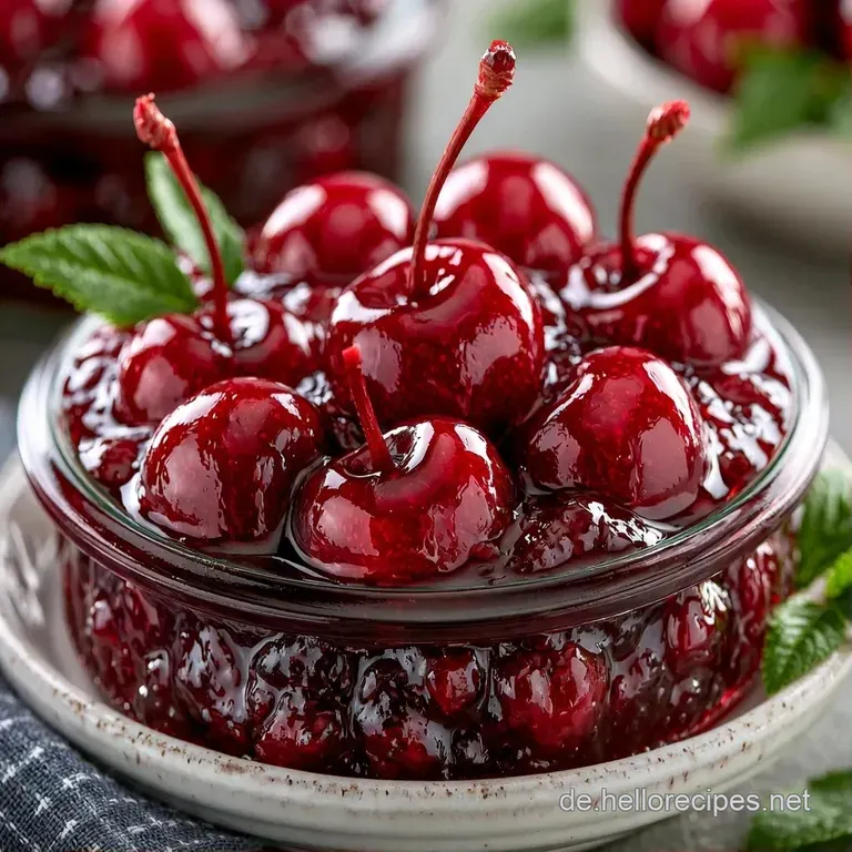 Ein stilvolles Glas mit dunkelroten Kirschen auf rustikalem Holz, flankiert von einer hellen, weichen Leinen Serviette.