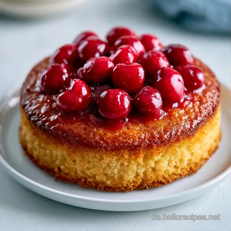 Ein saftiges St&uuml;ck Kirschkuchen auf wei&szlig;em Porzellan, best&auml;ubt mit feinem Puderzucker und einer frischen Kirsche.