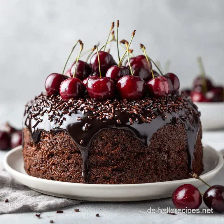 Ein St&uuml;ck goldgelber Kuchen auf wei&szlig;em Porzellan, gekr&ouml;nt von dunkelroten Kirschen und zarten Schokoladenkr&uuml;meln.