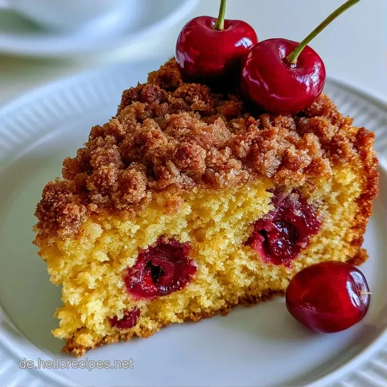 Ein St&uuml;ck saftiger Kirschkuchen auf wei&szlig;em Porzellan, gekr&ouml;nt von goldgelben Kr&uuml;meln und leuchtend roten Fr&uuml;chten.