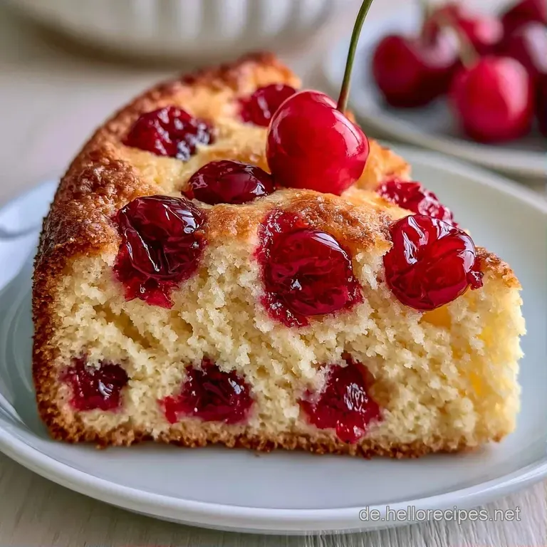Ein St&uuml;ck heller Kirschkuchen auf einem wei&szlig;en Porzellanteller, garniert mit frischen Beeren und gehobelten Mandeln.