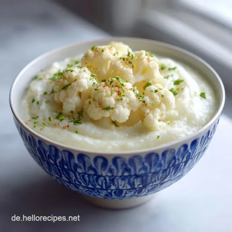 Elegant white plate featuring a swirl of smooth, white cauliflower sauce. Fresh parsley sprig provides a pop of vibrant gr...