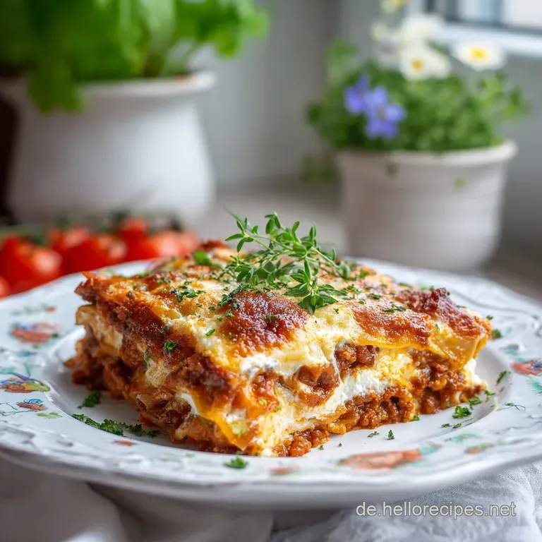 Slice of layered lasagna on a white plate, oozing with rich tomato sauce and creamy cheese, garnished with fresh basil.