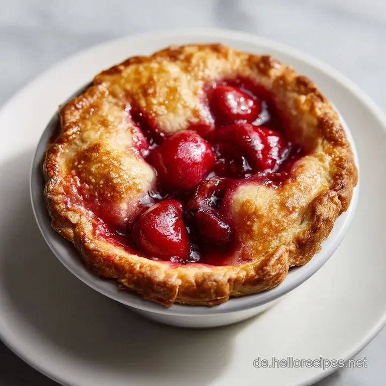 A warm slice of cherry pie with flaky crust, artfully arranged with a dollop of whipped cream.