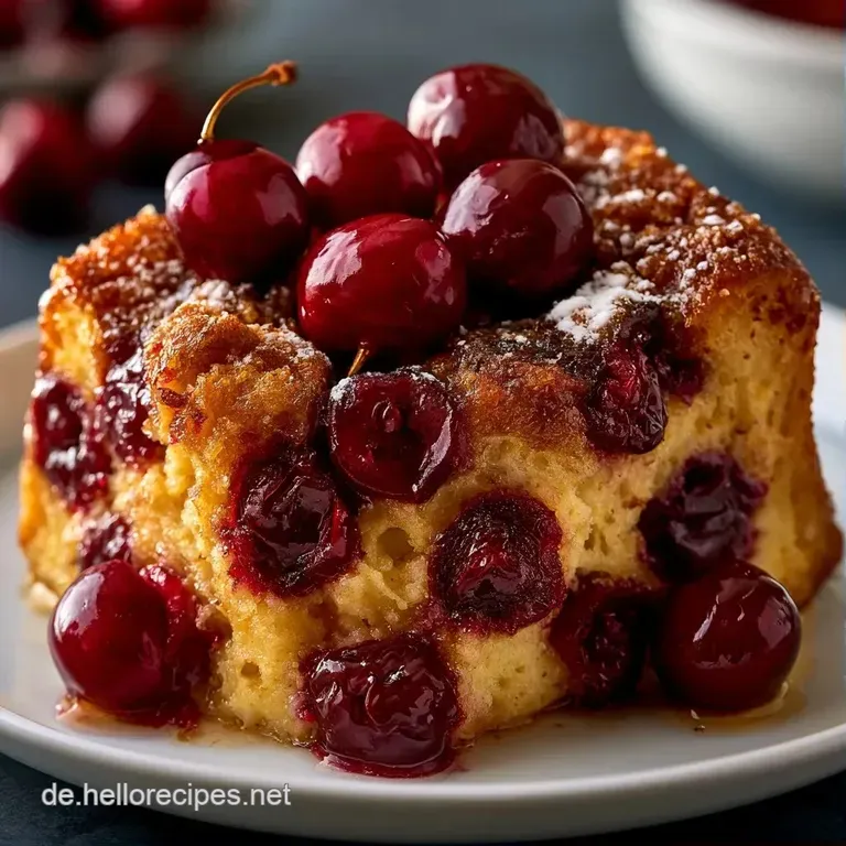 Ein fluffiges St&uuml;ck Kirschauflauf auf wei&szlig;em Porzellan mit gl&auml;nzenden Kirschen und einem Klecks wei&szlig;er Vanillesauce.