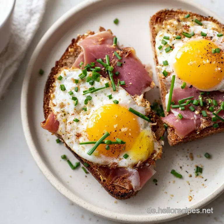 Ein wei&szlig;er Teller mit knusprig ger&ouml;stetem Brot, zartrosa Schinkenscheiben und gl&auml;nzenden Spiegeleiern in hellem Licht.