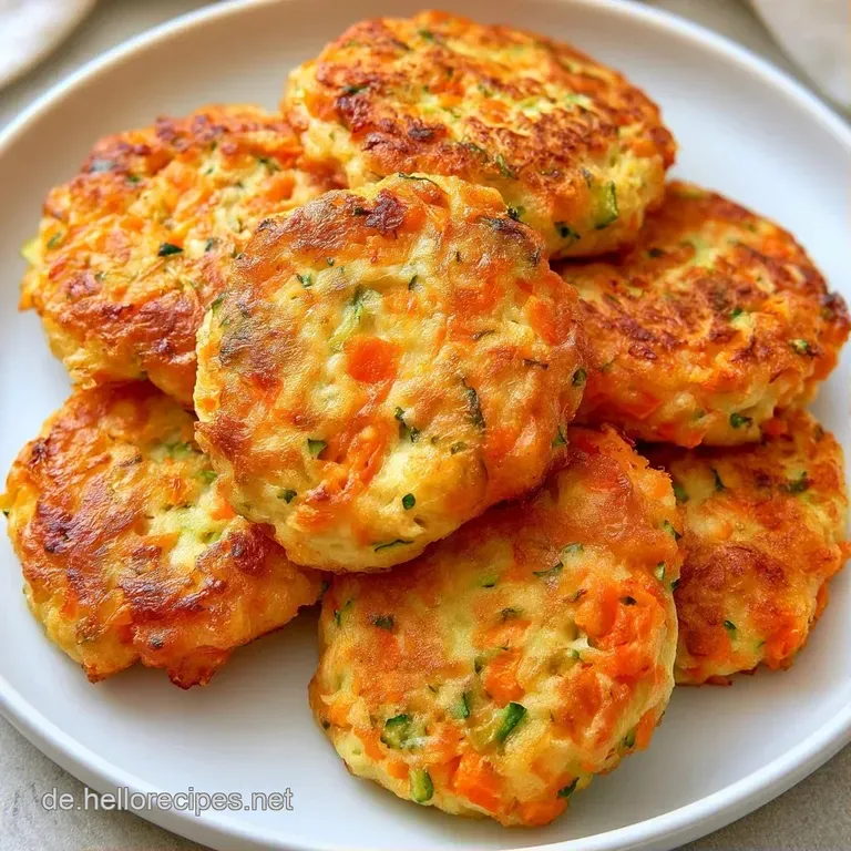 Stapel knuspriger, orange-gr&uuml;ner Puffer auf einer wei&szlig;en Keramikplatte, flankiert von frischen Salatbl&auml;ttern.