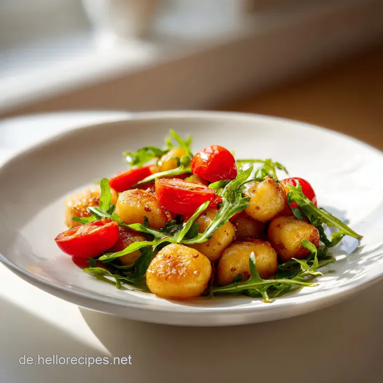 Bunte Gnocchi-Mischung auf einer wei&szlig;en Keramikplatte, garniert mit zartem Parmesan und frischen Kr&auml;utern.