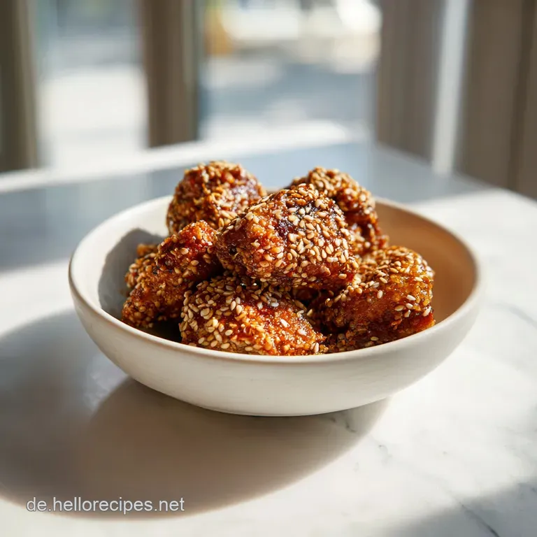 Crispy sesame chicken arranged artfully with vibrant green broccoli florets and a drizzle of savory sauce.
