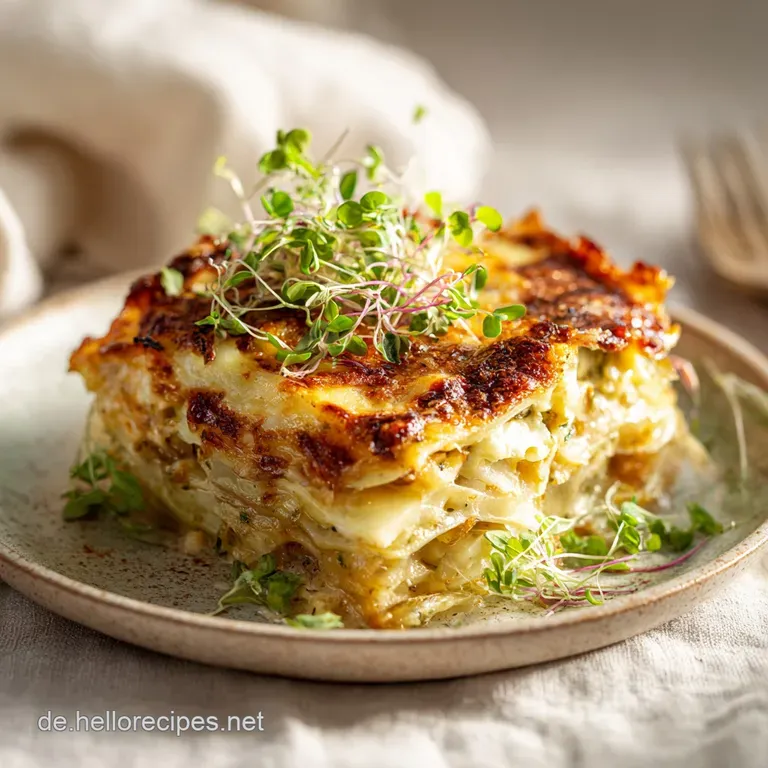 Neat slice of kohlrabi lasagna showing layers of creamy filling and tender kohlrabi. Topped with melted cheese and fresh h...