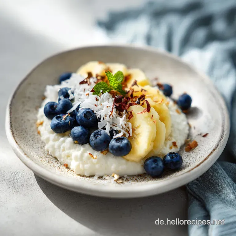 Elegant layered parfait glass filled with creamy coconut quark, bright mango, and toasted coconut flakes. A simple, delici...