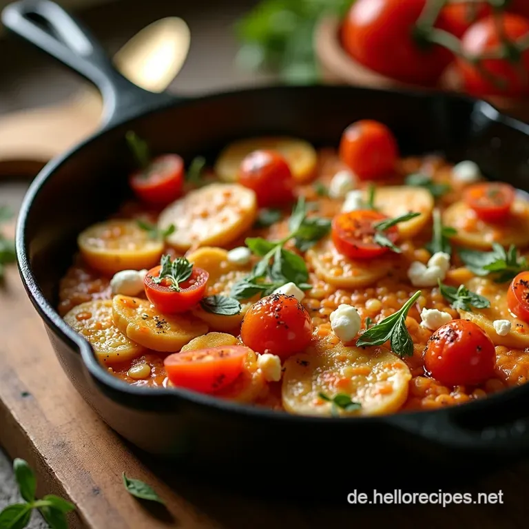 Sonnengereifte KritharakiPfanne mit Feta und aromatischen Tomaten GiouvetsiArt presentation