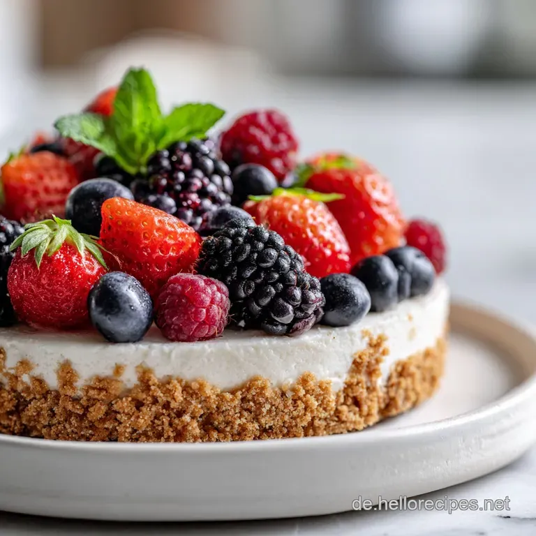 Slice of layered no-bake cake showing creamy filling, cookie crust, and juicy red and blue berries on a white plate.