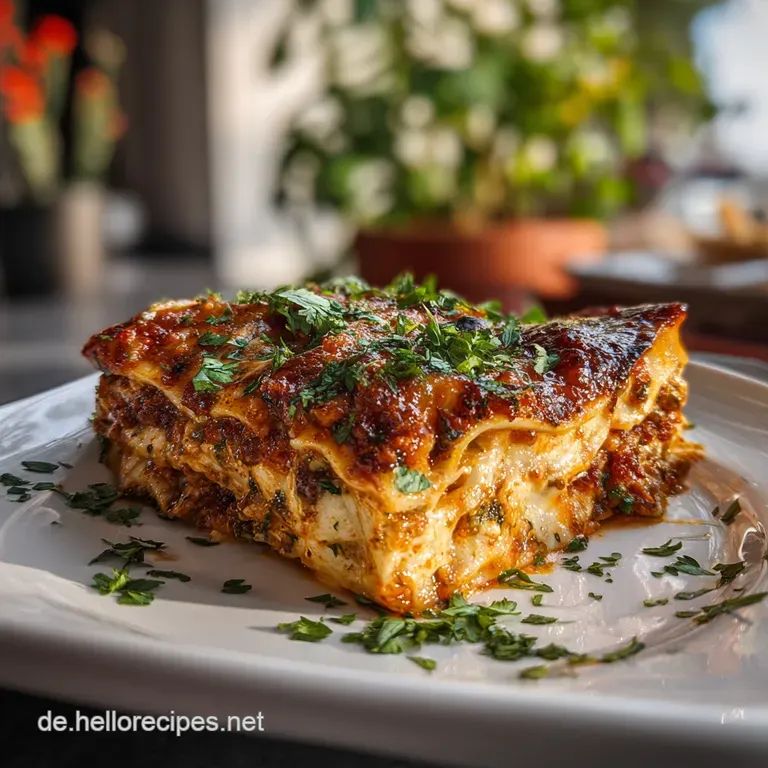 A neatly cut square of lasagna showcases its layered filling, with a sprinkle of fresh herbs adding a pop of bright green.