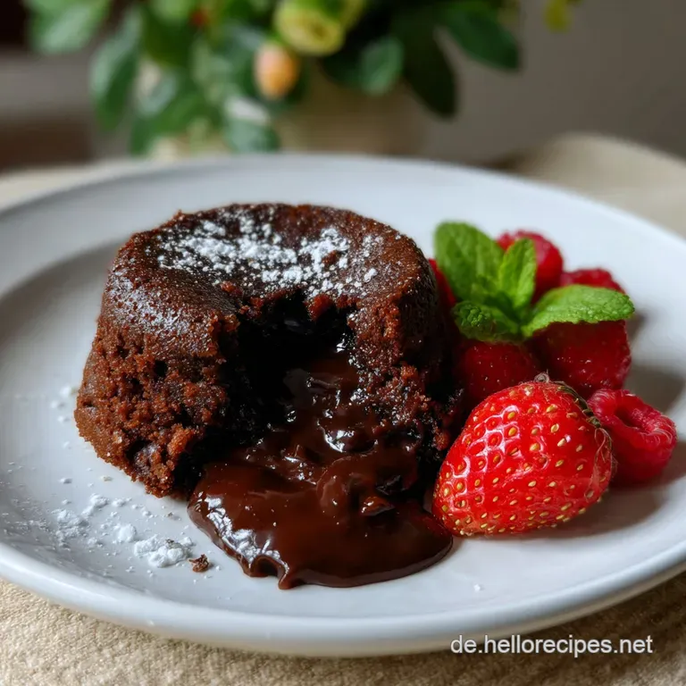 Elegant plate with a single lava cake, red berry coulis, and a scoop of vanilla ice cream. Warm cake texture, cool ice cream.