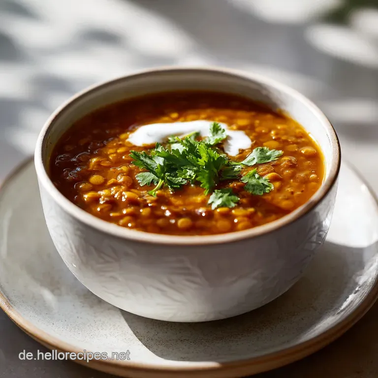 Rustic bowl of lentil soup with crisp bacon, fresh herbs, and a swirl of cream, served on a wooden table.