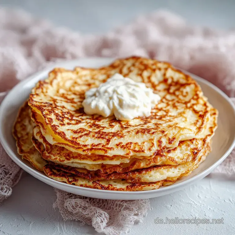 Three light and airy pancakes drizzled with a glossy syrup. Fresh raspberries and mint sprigs create an elegant detail.