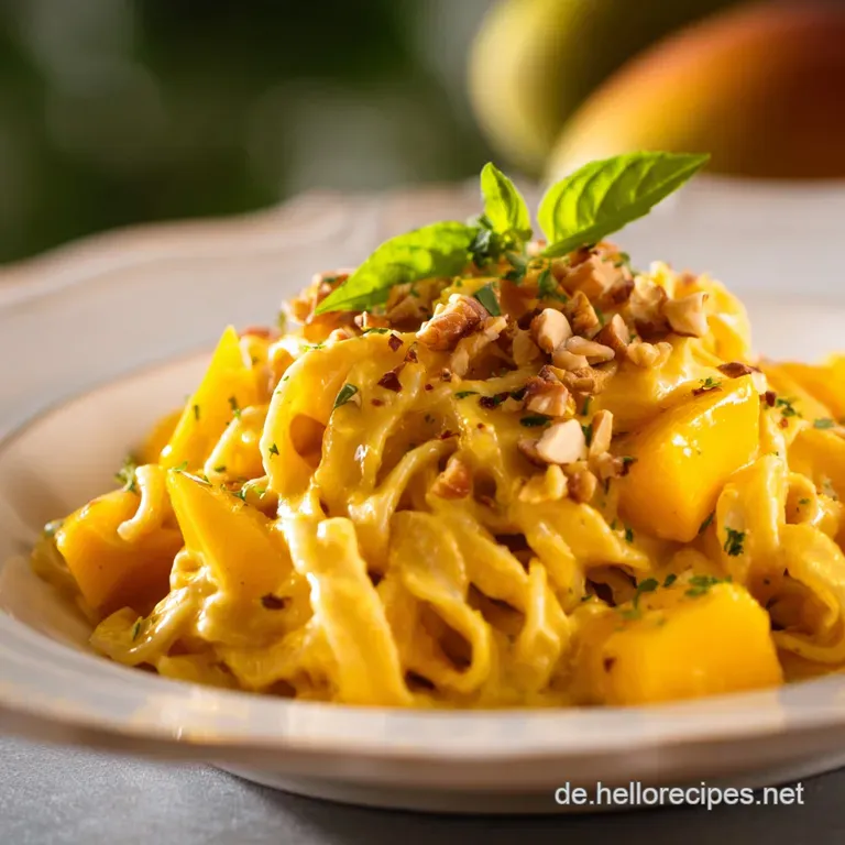 Exotische Blitzpasta Cremige Mango Erdnuss Nudeln Vegan presentation