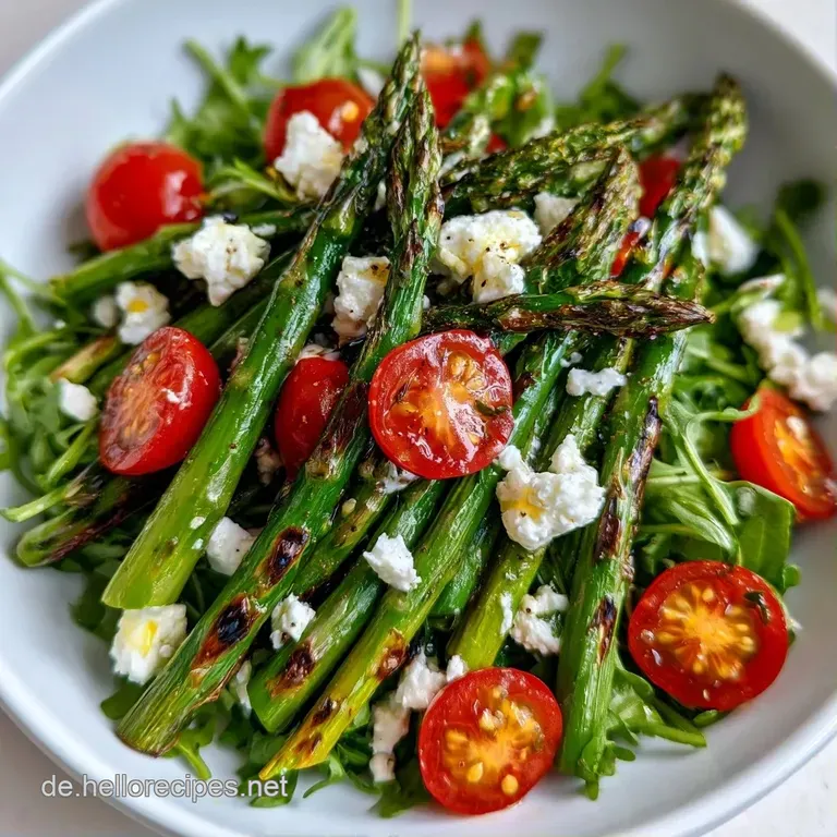 Ein Arrangement aus knackigem gr&uuml;nem Spargel und zerbr&ouml;seltem Feta, garniert mit frischen Kr&auml;utern auf einer Platte.