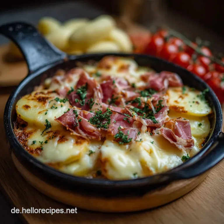 Artfully arranged raclette ingredients on a dark wooden board, showcasing textures of creamy cheese, cured meats, and fres...
