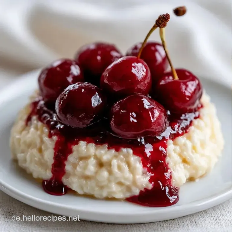 Wei&szlig;e Keramikschale mit fluffigem Milchreis, getoppt mit rubinroten Kirschen und einem Hauch Zimt auf hellem Hintergrund.