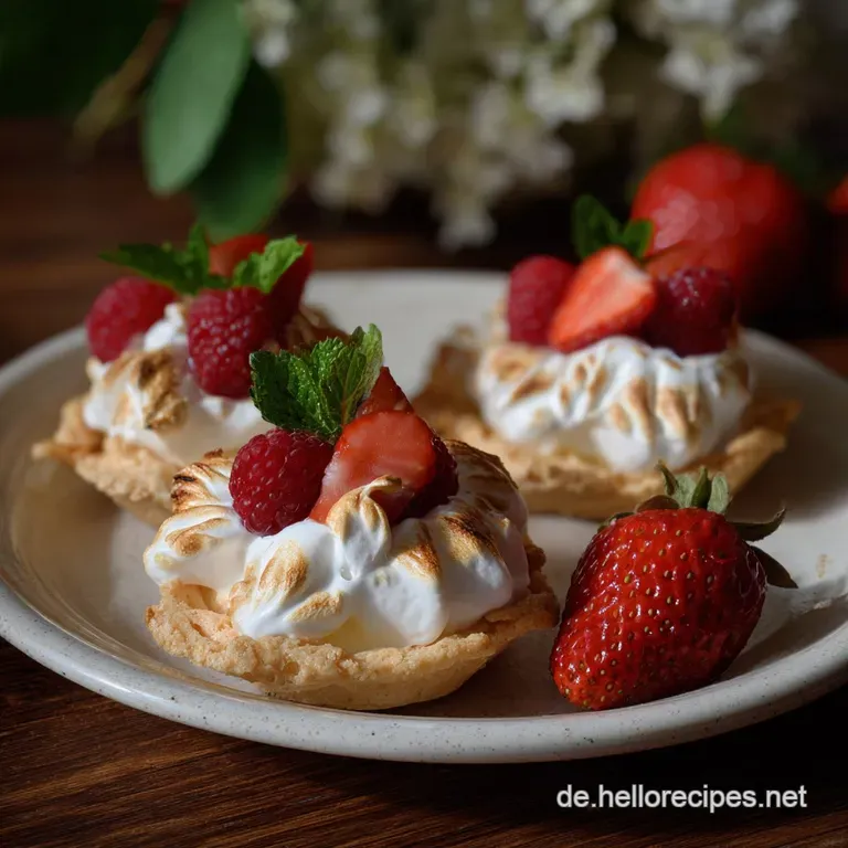 Individual pavlovas arranged artfully on a white plate, showcasing fluffy whipped cream and a medley of fresh, colorful fr...