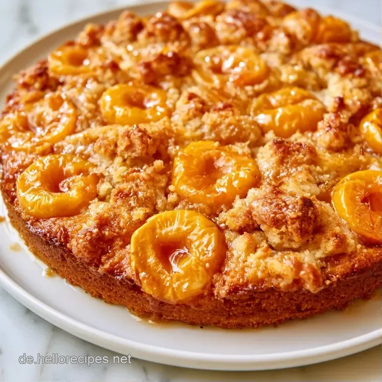 Ein St&uuml;ck goldbrauner Obstkuchen auf einem wei&szlig;en Porzellanteller, garniert mit einer frischen gelben Mirabelle.