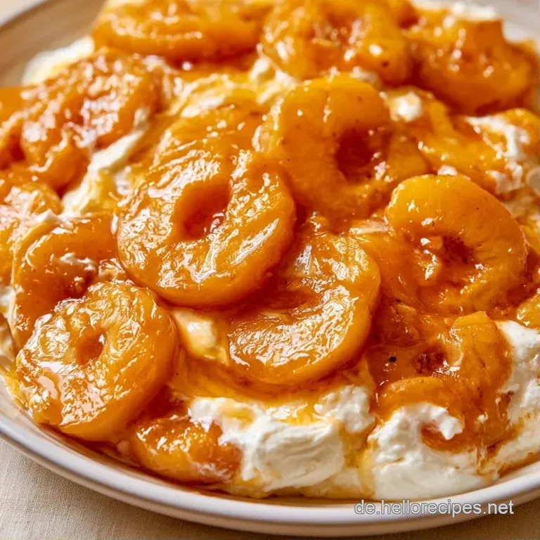 Ein gl&auml;sernes Dessert mit goldgelben Fr&uuml;chten und samtiger Creme auf einem hellen Tisch mit weichem Licht.
