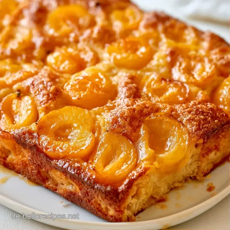 Ein rundes St&uuml;ck Obstkuchen auf einer wei&szlig;en Keramikplatte, die gelben Fr&uuml;chte gl&auml;nzen im weichen Tageslicht.