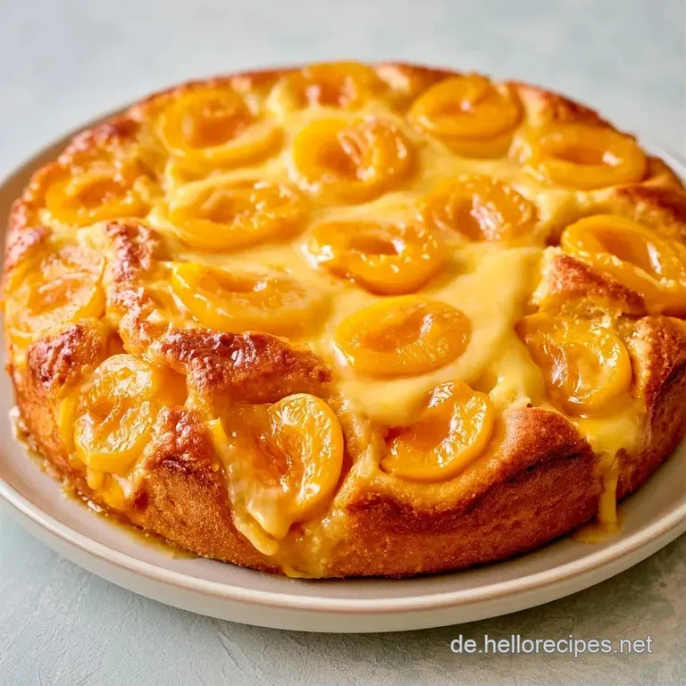 Ein St&uuml;ck goldgelber Fruchtkuchen auf wei&szlig;em Porzellan, die gl&auml;nzenden Fr&uuml;chte kontrastieren mit hellem Pudding.