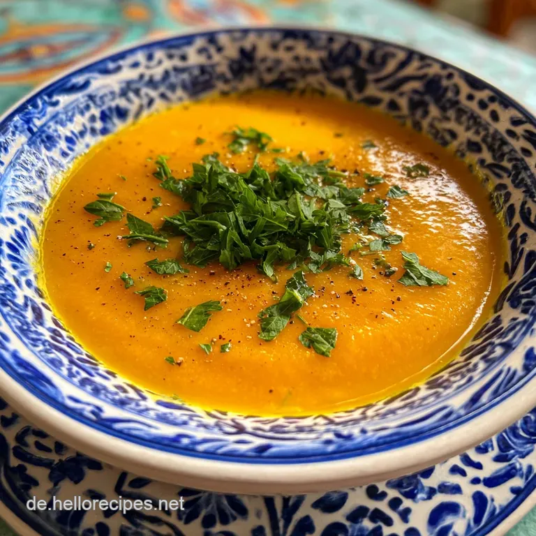 A bowl of velvety carrot soup, garnished with fresh herbs and a drizzle of cream. An elegant, comforting presentation.