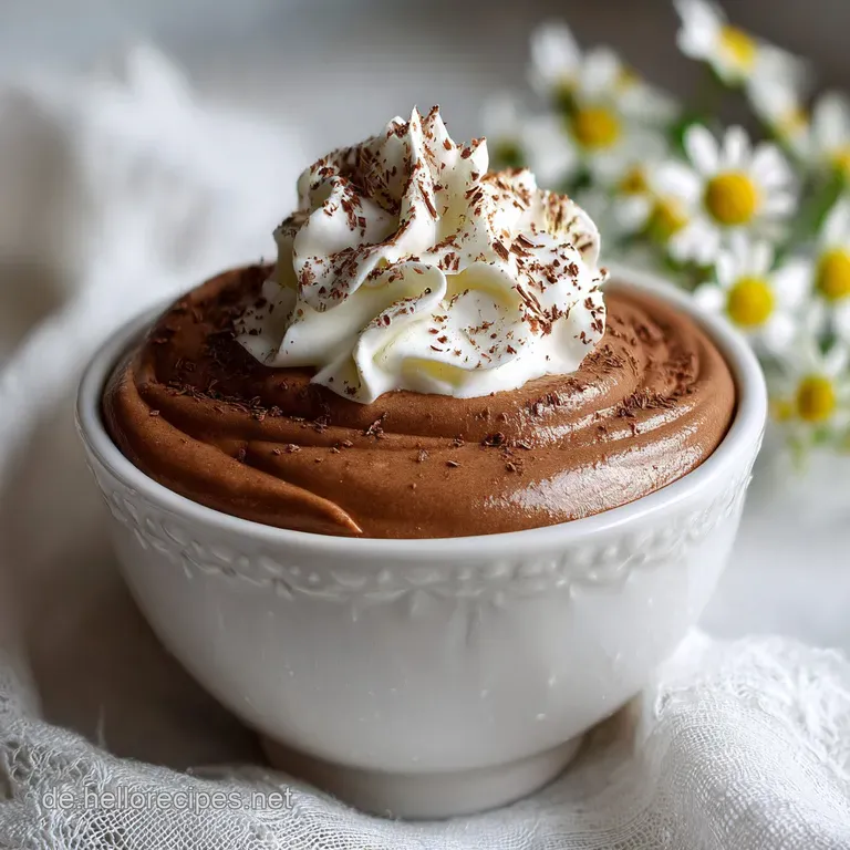 Elegant, individual servings of glossy dark chocolate mousse, dusted with cocoa powder and garnished with a single, vibran...