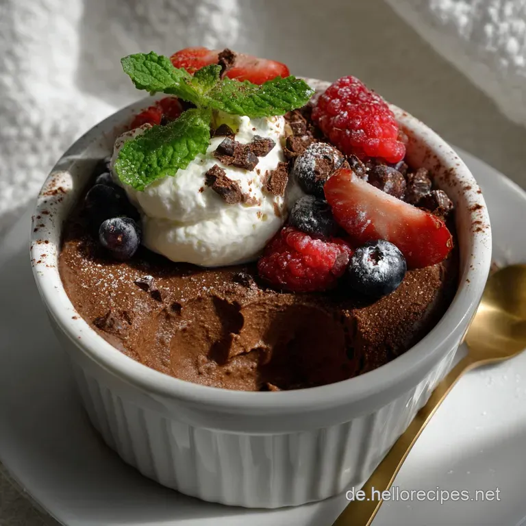 Elegant white ramekin filled with dark, glossy chocolate mousse, garnished with a sprig of mint. A luxurious, chilled treat.