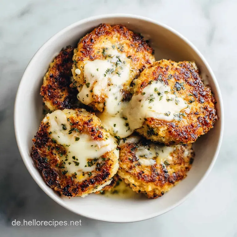 Three golden crispy potato cakes stacked on a white porcelain plate, garnished with a drizzle of sauce and fresh herbs.
