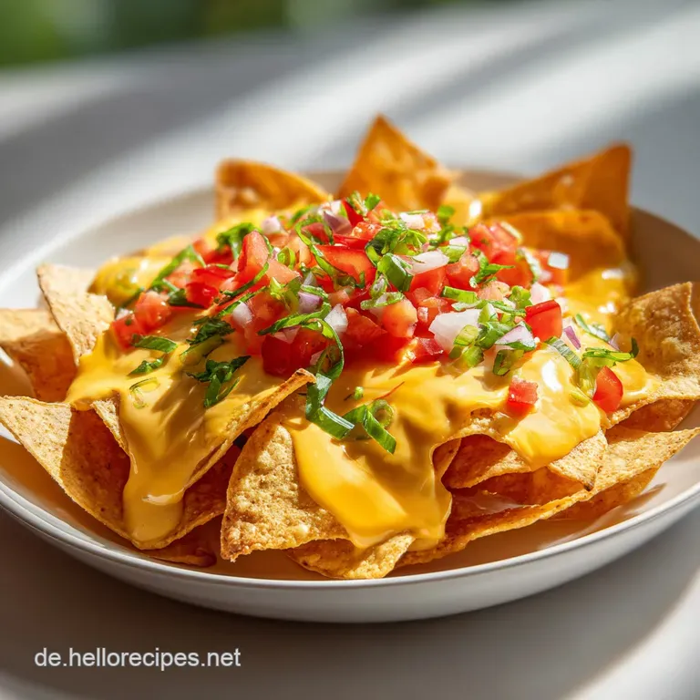 Creamy nacho cheese dip in a bowl, garnished with vibrant green cilantro and served with a pile of golden, crispy tortilla...
