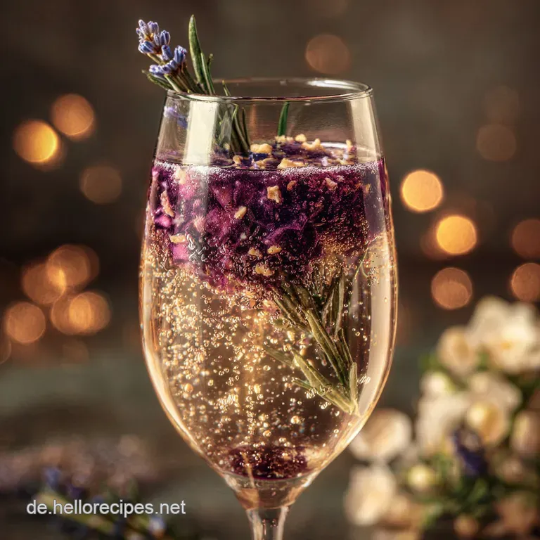 Elegant sparkling aperitif in stemmed glass, festive rosemary sprig, sugared cranberries, golden shimmer against dark back...