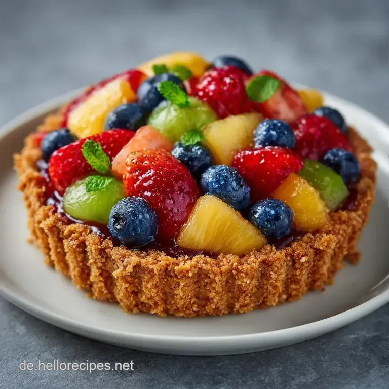 Ein St&uuml;ck goldgelber Obstkuchen auf einem wei&szlig;en Porzellanteller, garniert mit frischen Beeren und einer Minzspitze.