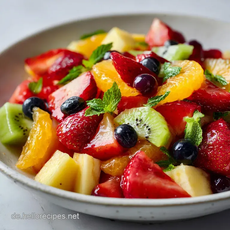 Artistic fruit salad plating: bright mango slices, glistening grapes, and ripe raspberries arranged elegantly on a white c...