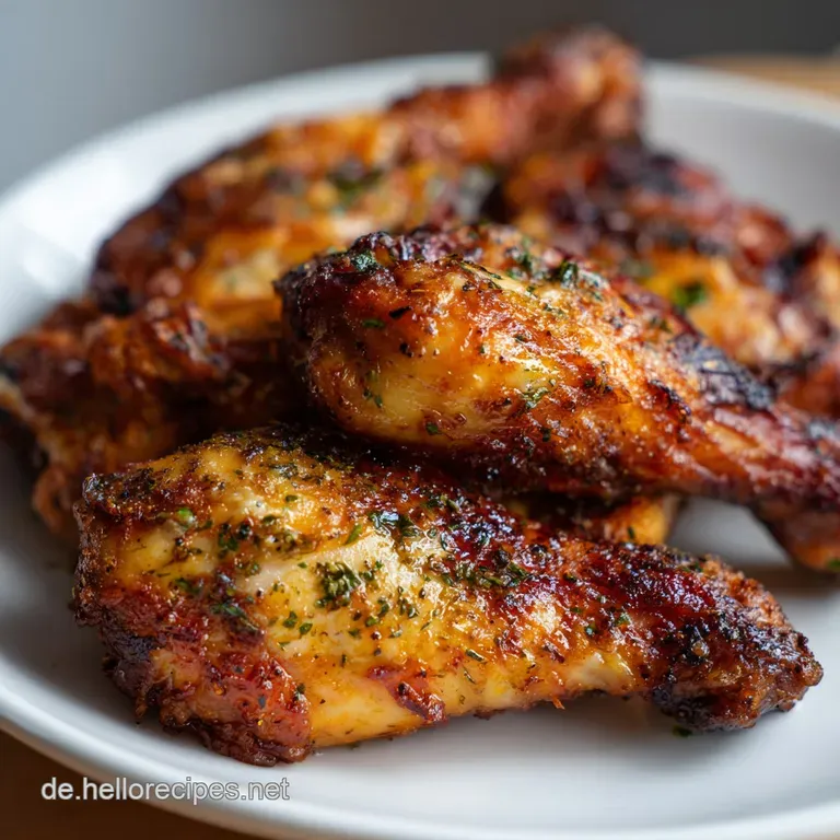 Juicy roasted chicken thigh with crispy skin, served on a plate with herbs, ready to eat. Steam gently rising.