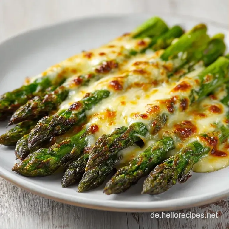 Elegant angerichteter gr&uuml;ner Spargel auf wei&szlig;em Porzellan, &uuml;berbacken mit gl&auml;nzendem K&auml;se und einer Zitronenscheibe.