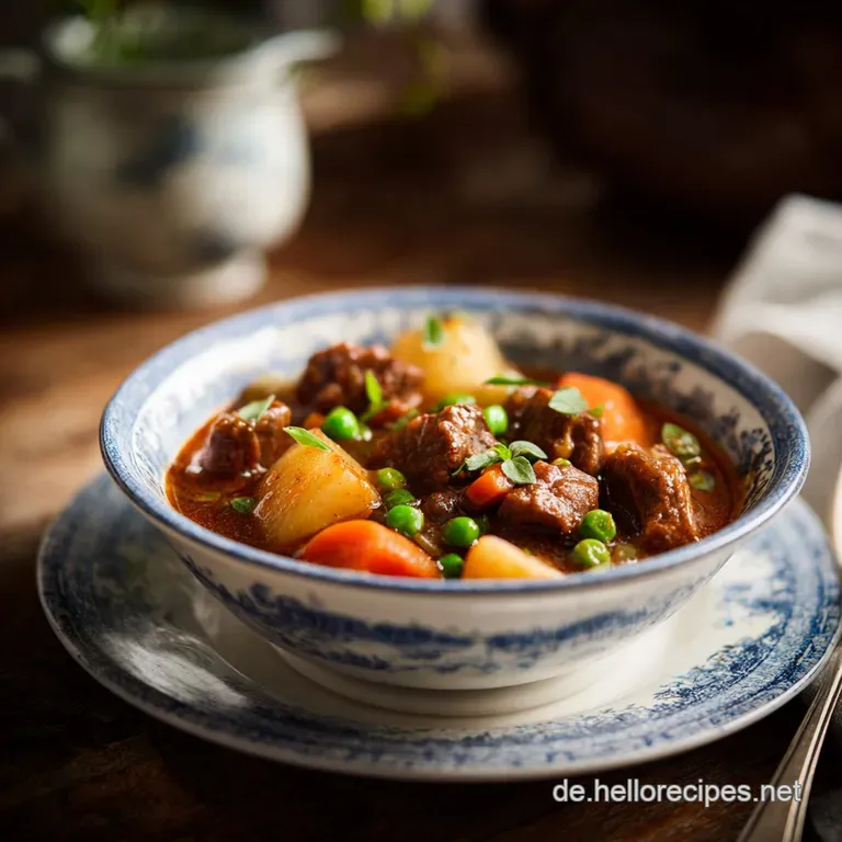 Warm, comforting stew served in a bowl, steam rising to highlight chunks of meat, carrots, and potatoes in dark gravy.