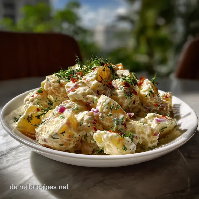 A generous serving of potato salad artfully arranged on a white plate, garnished with fresh parsley, creating an inviting ...