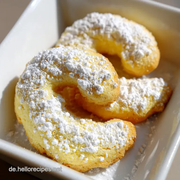 Mehrere hellgoldene, schmelzende Geb&auml;ckstangen auf einer wei&szlig;en Porzellanplatte, zart best&auml;ubt mit wei&szlig;em Puderzucker.